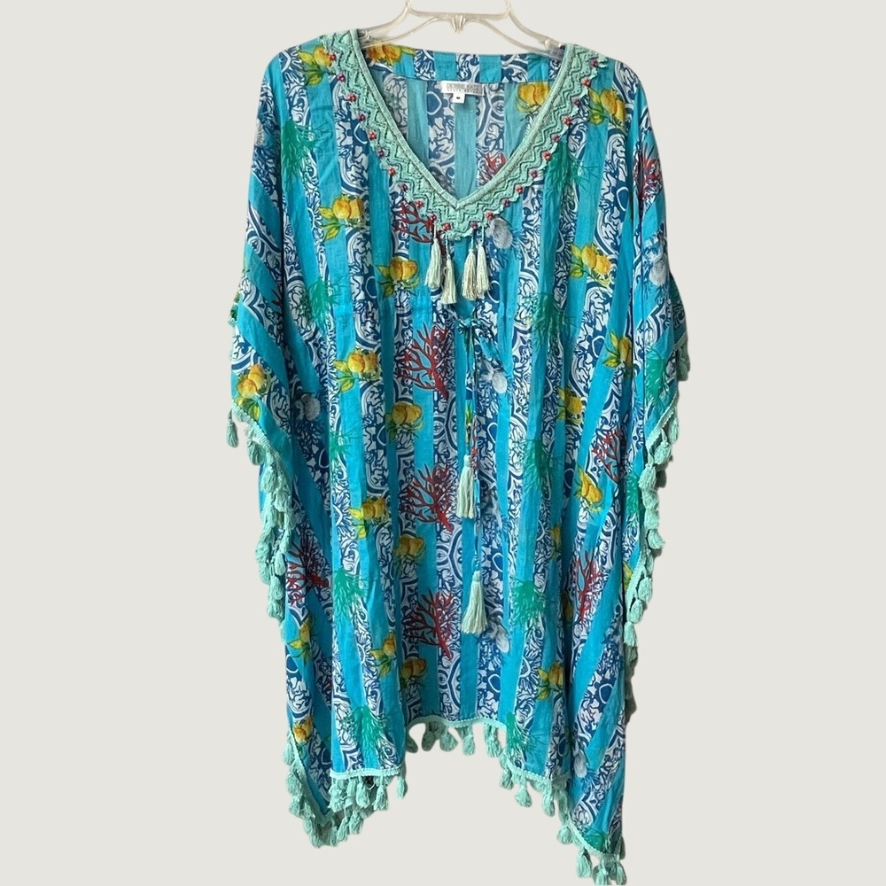Debbie Katz South Beach Boho Tassel Beaded Beach Cover Up Tunic Blue Medium